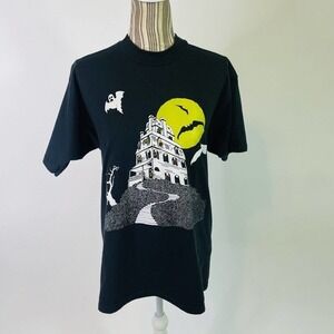 Vintage Halloween Haunted House Black Short Sleeve T-Shirt Large Unisex 90s y2k